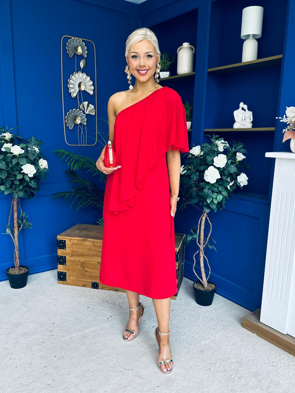 Morgan One Shoulder Cape Detail Midi Dress Red