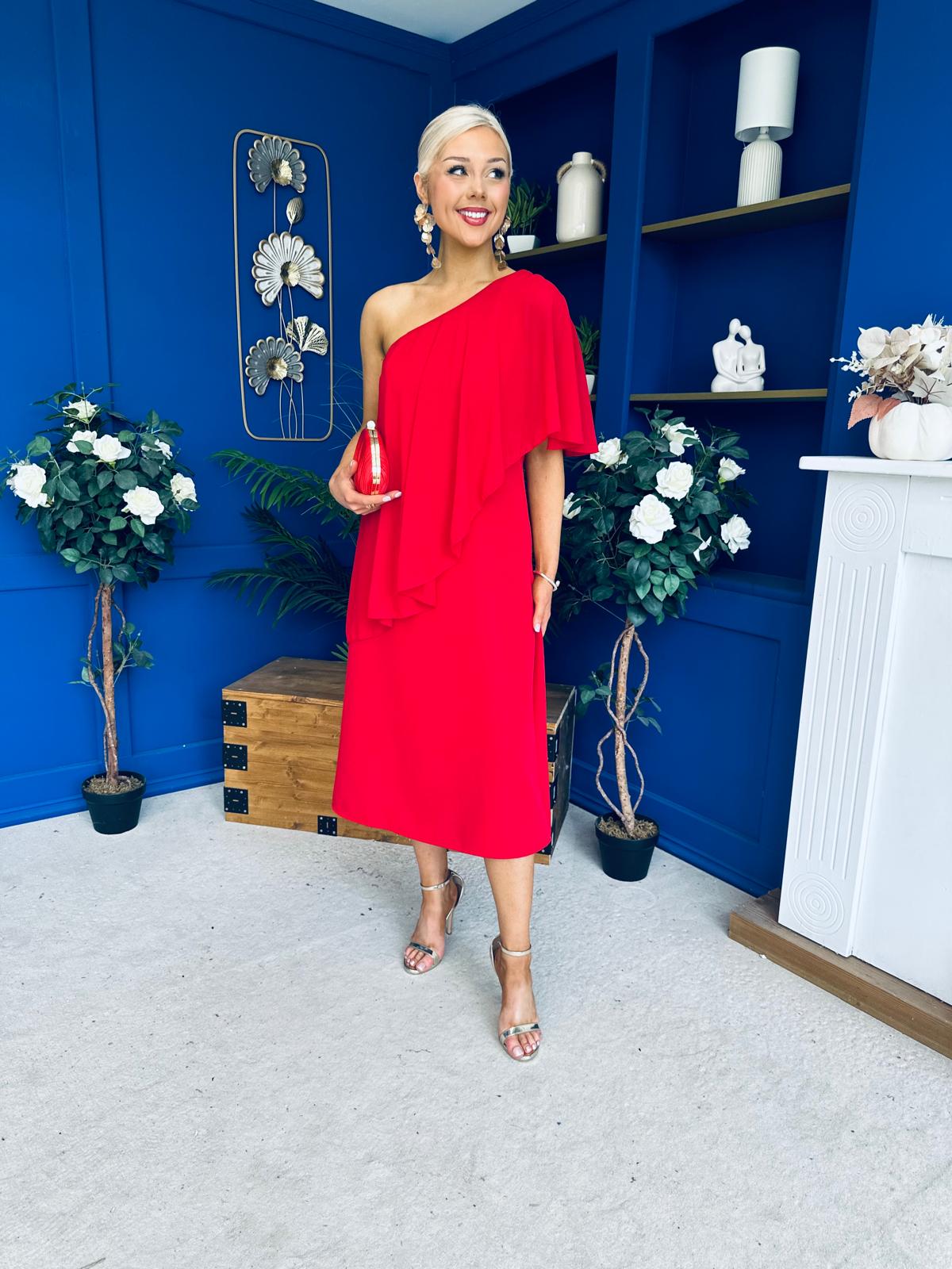 Morgan One Shoulder Cape Detail Midi Dress Red
