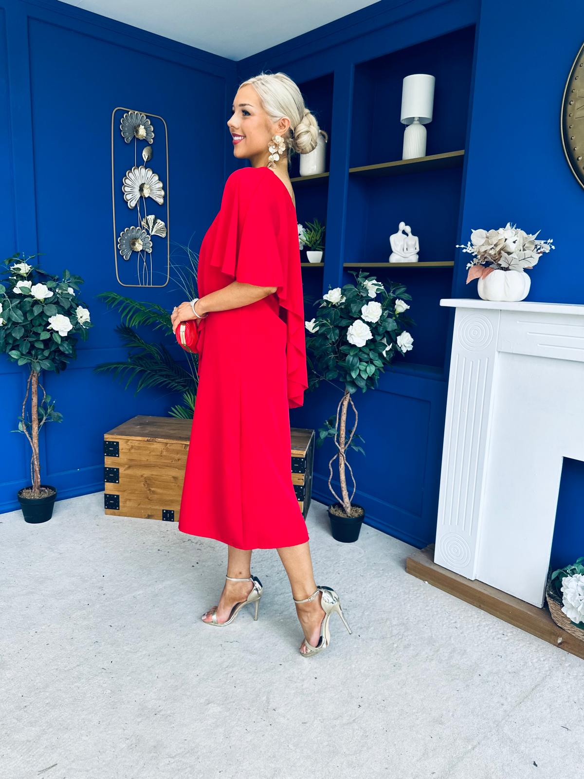Morgan One Shoulder Cape Detail Midi Dress Red