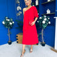 Morgan One Shoulder Cape Detail Midi Dress Red
