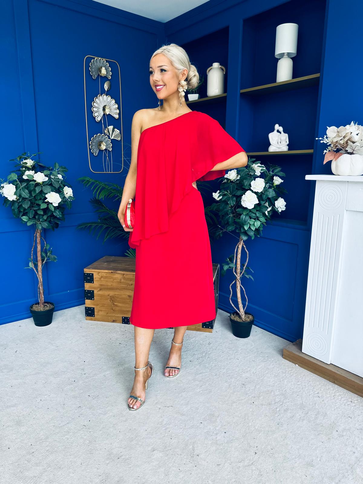 Morgan One Shoulder Cape Detail Midi Dress Red