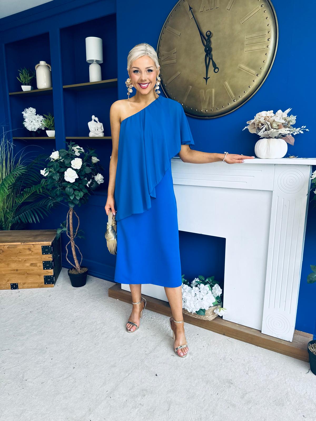 Morgan One Shoulder Cape Detail Midi Dress Cobalt