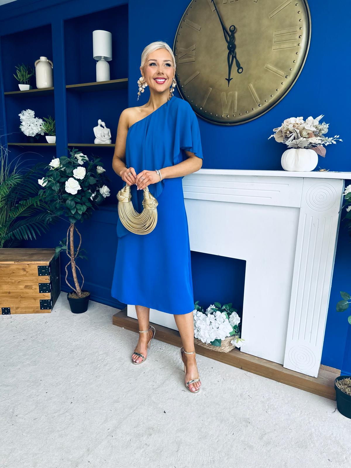 Morgan One Shoulder Cape Detail Midi Dress Cobalt