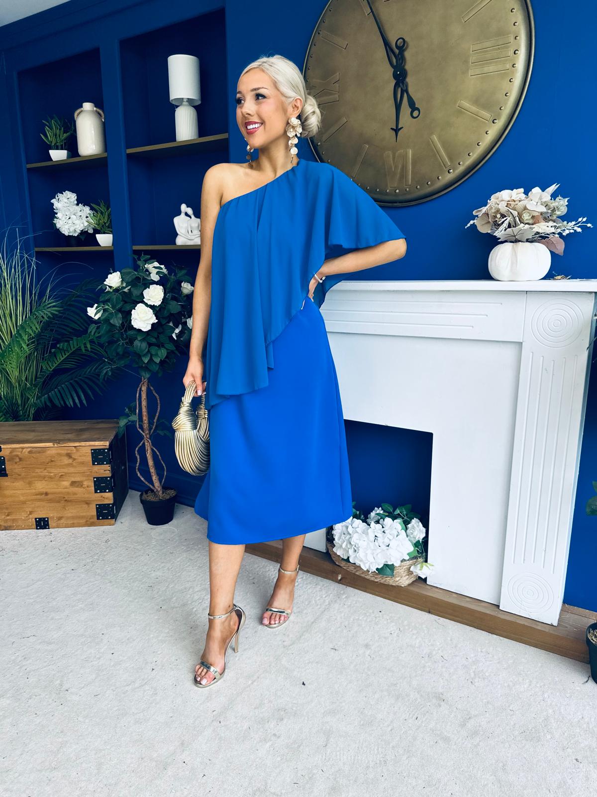 Morgan One Shoulder Cape Detail Midi Dress Cobalt