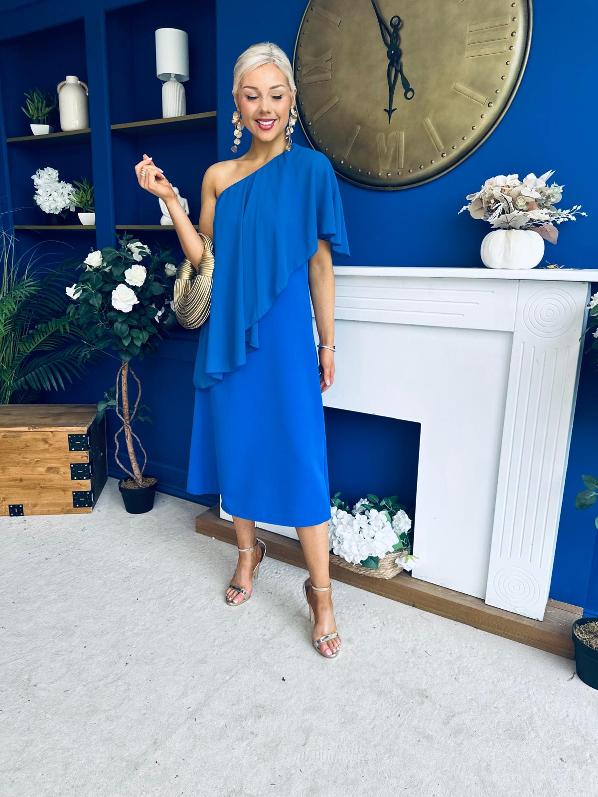 Morgan One Shoulder Cape Detail Midi Dress Cobalt