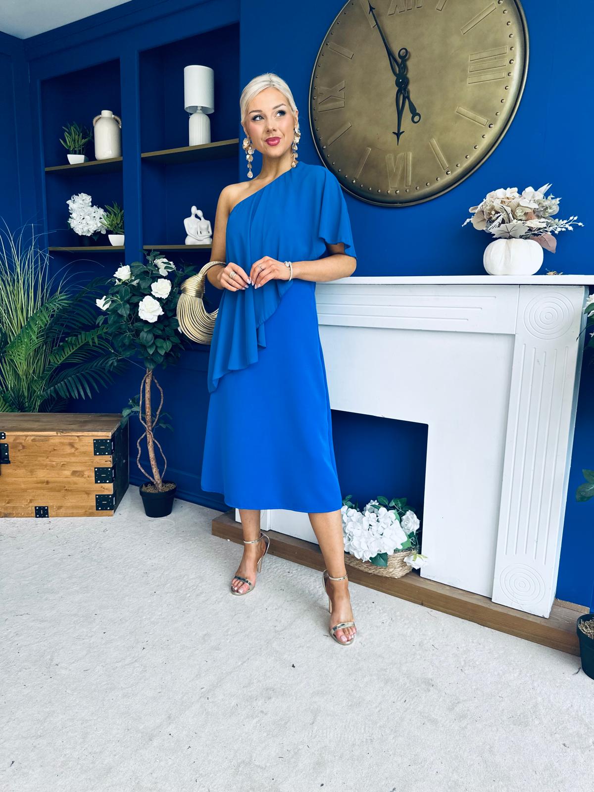 Morgan One Shoulder Cape Detail Midi Dress Cobalt
