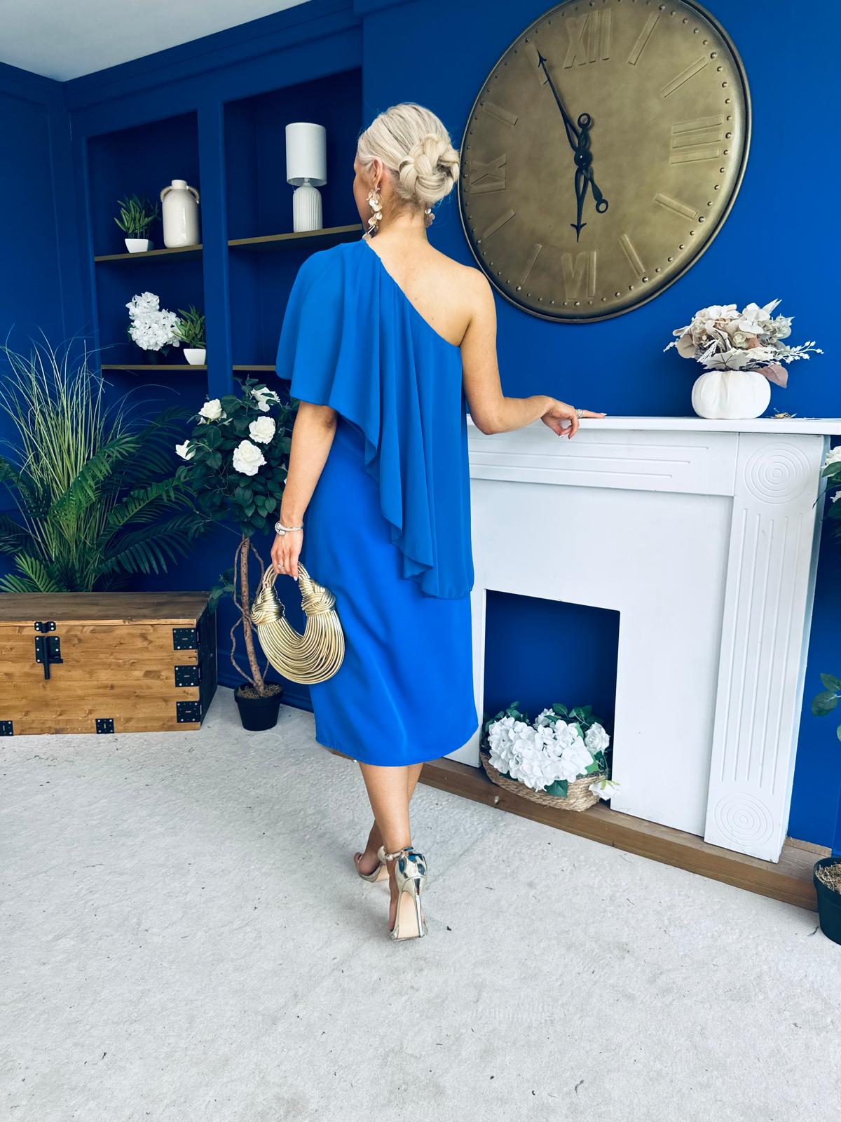 Morgan One Shoulder Cape Detail Midi Dress Cobalt