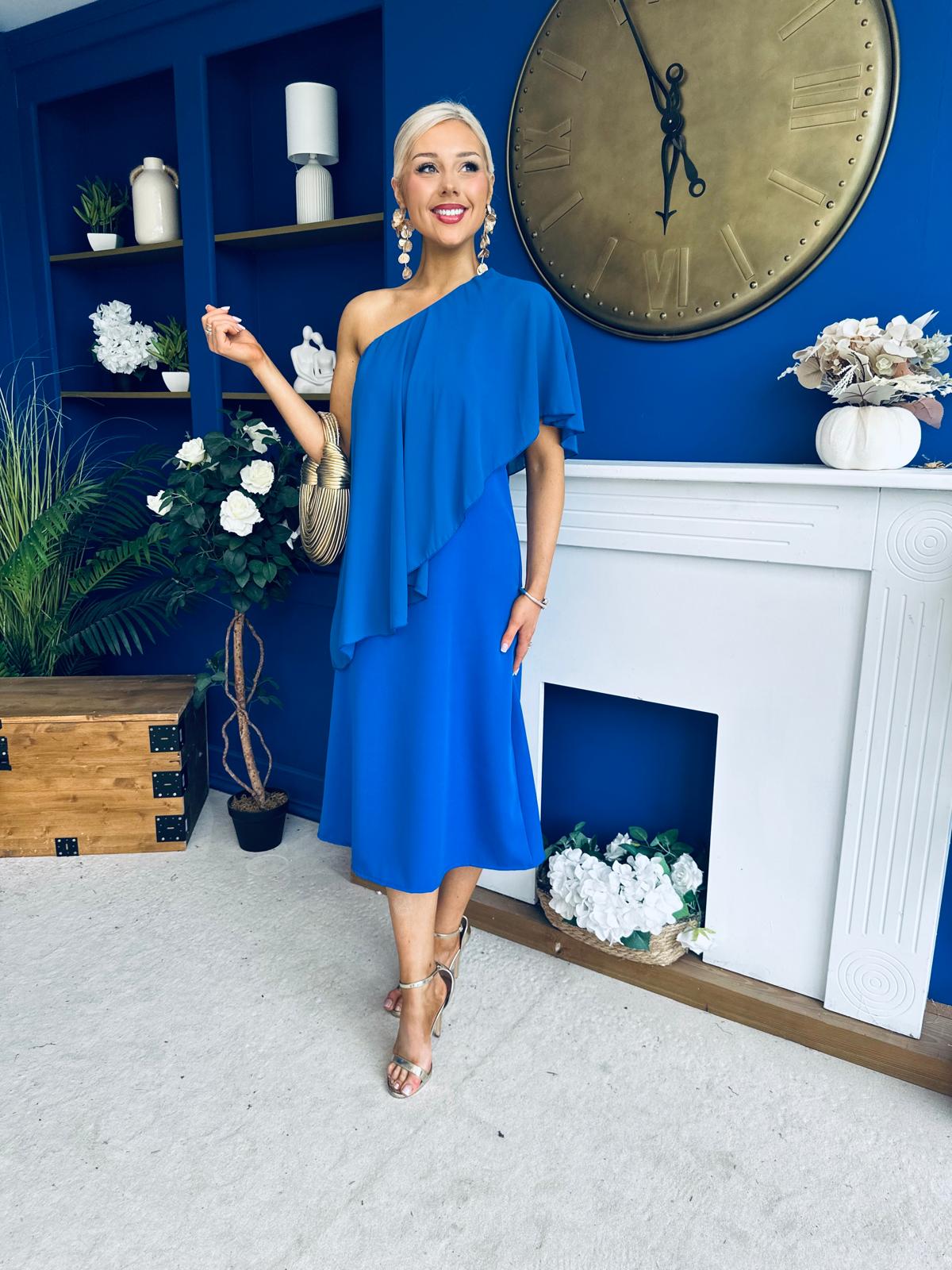 Morgan One Shoulder Cape Detail Midi Dress Cobalt
