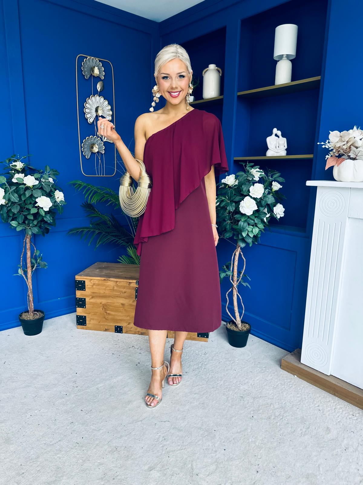 Morgan One Shoulder Cape Detail Midi Dress Burgundy