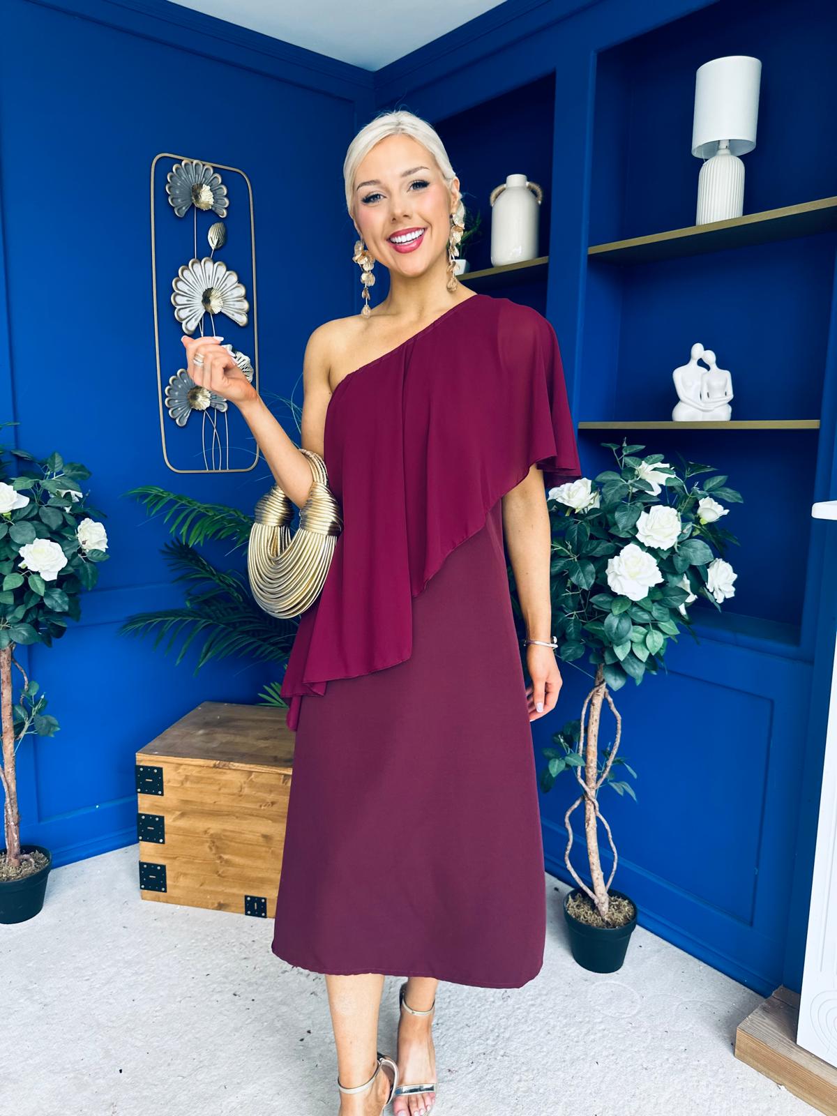 Morgan One Shoulder Cape Detail Midi Dress Burgundy