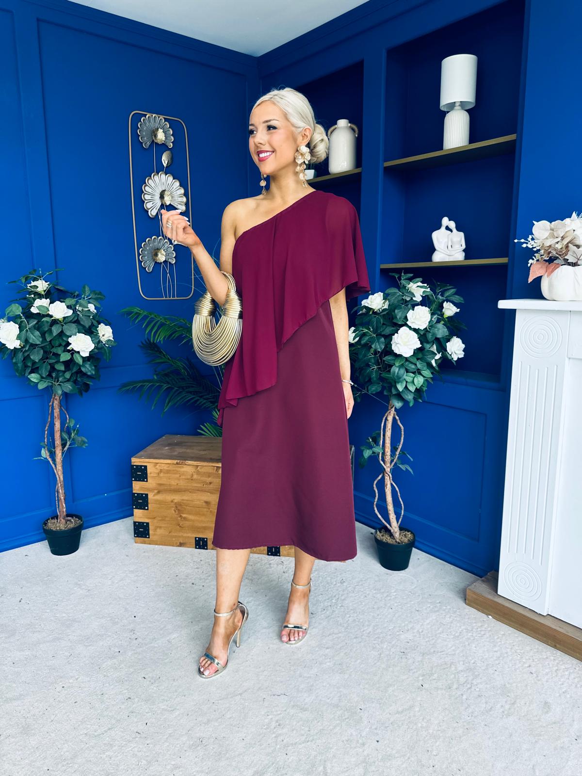 Morgan One Shoulder Cape Detail Midi Dress Burgundy