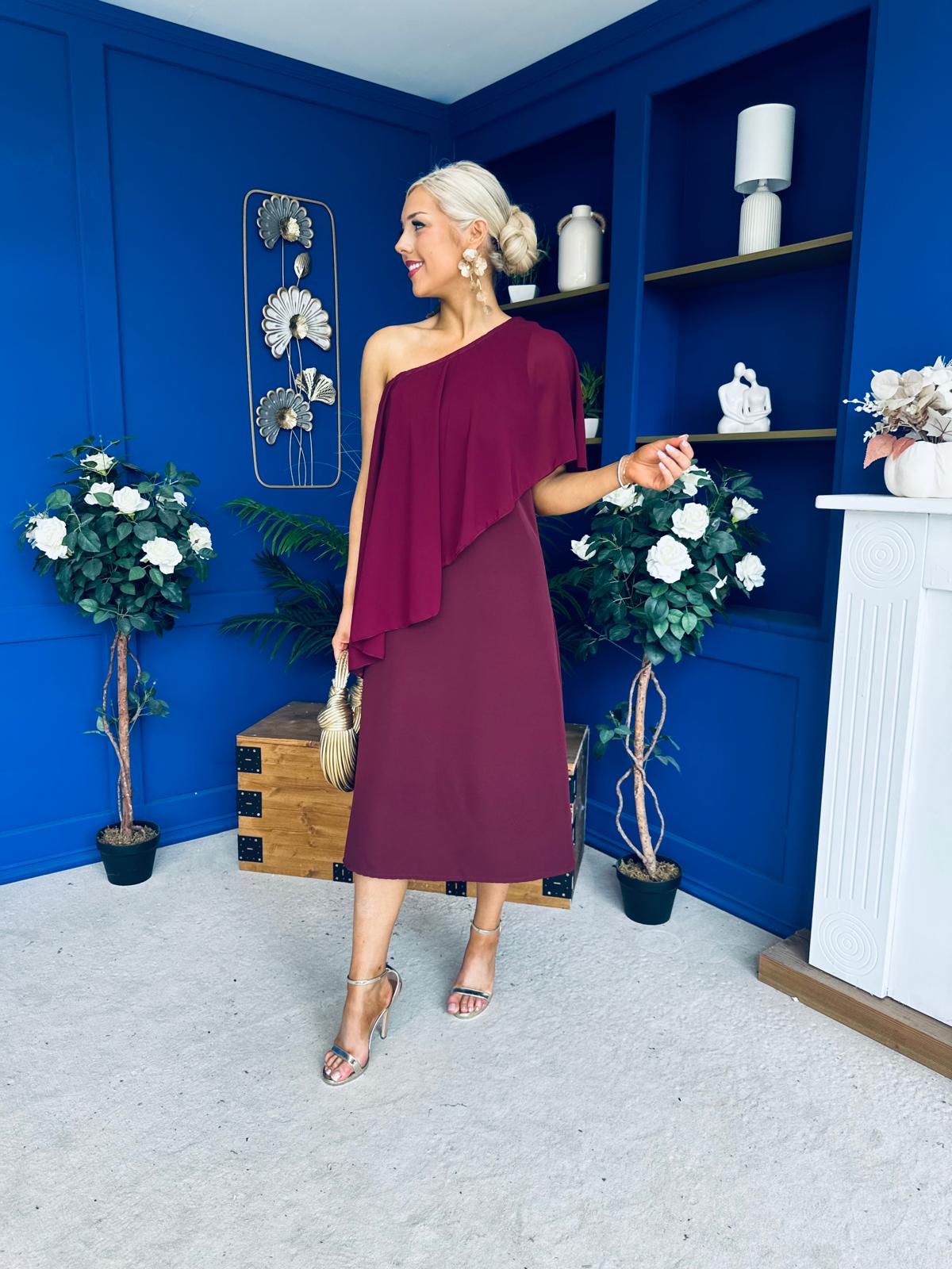Morgan One Shoulder Cape Detail Midi Dress Burgundy