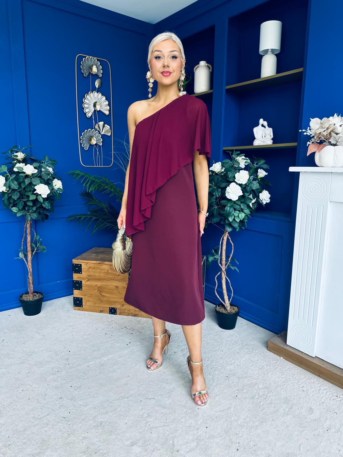 Morgan One Shoulder Cape Detail Midi Dress Burgundy