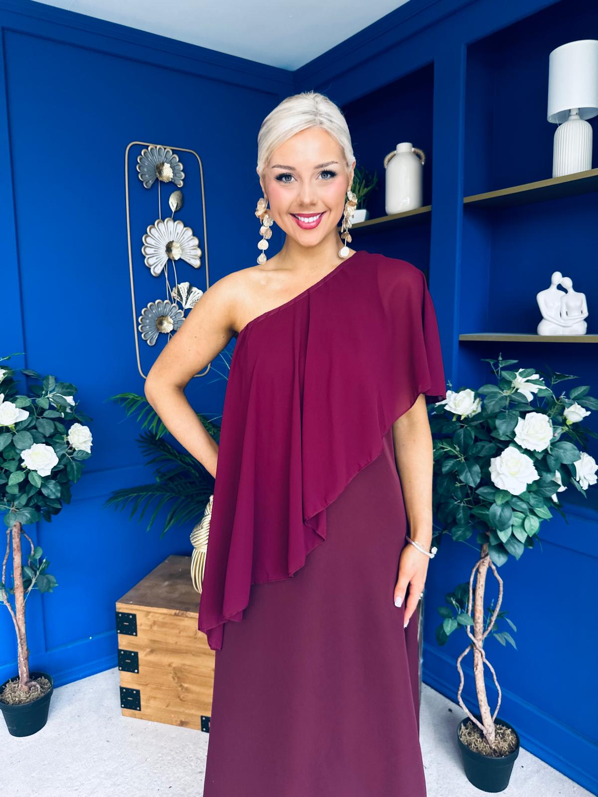 Morgan One Shoulder Cape Detail Midi Dress Burgundy