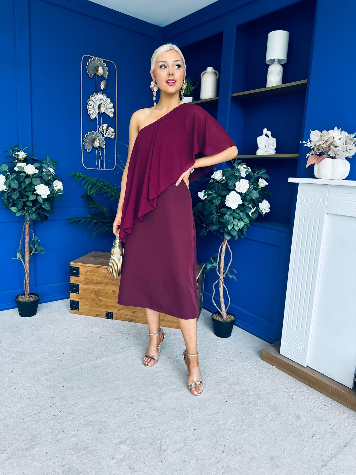 Morgan One Shoulder Cape Detail Midi Dress Burgundy