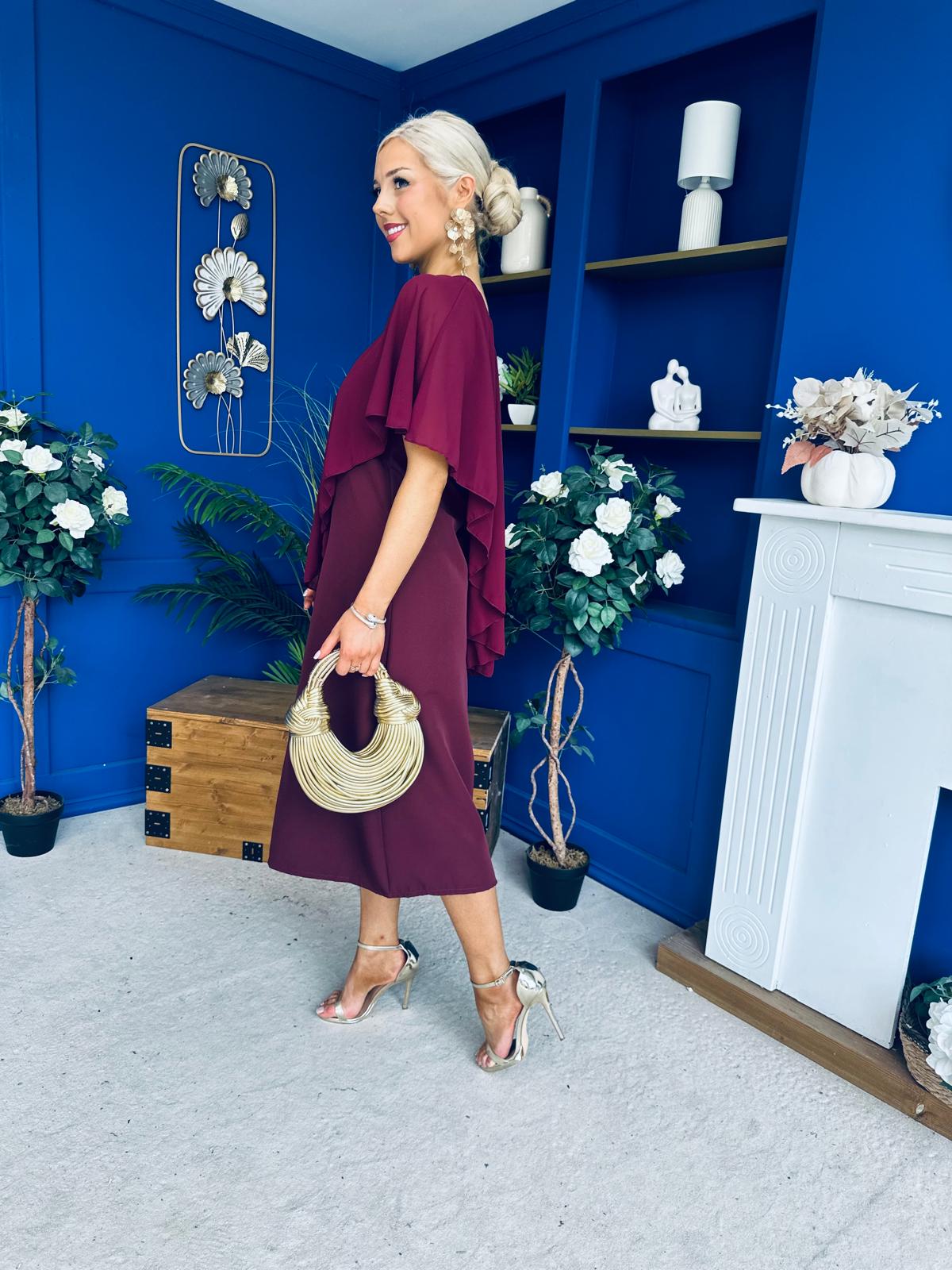 Morgan One Shoulder Cape Detail Midi Dress Burgundy