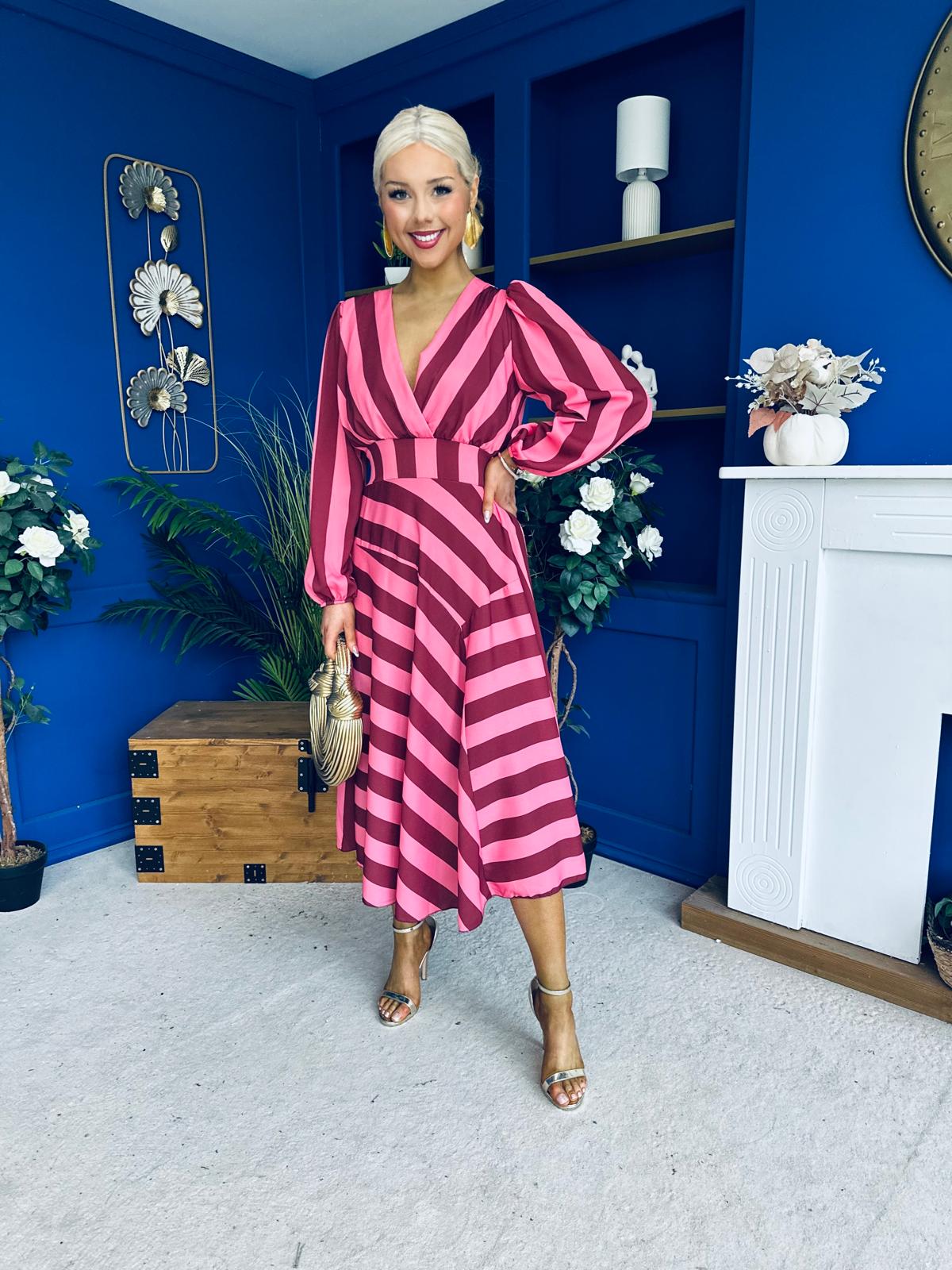 Ciara Striped Detail Midi Dress Ruby Cerise