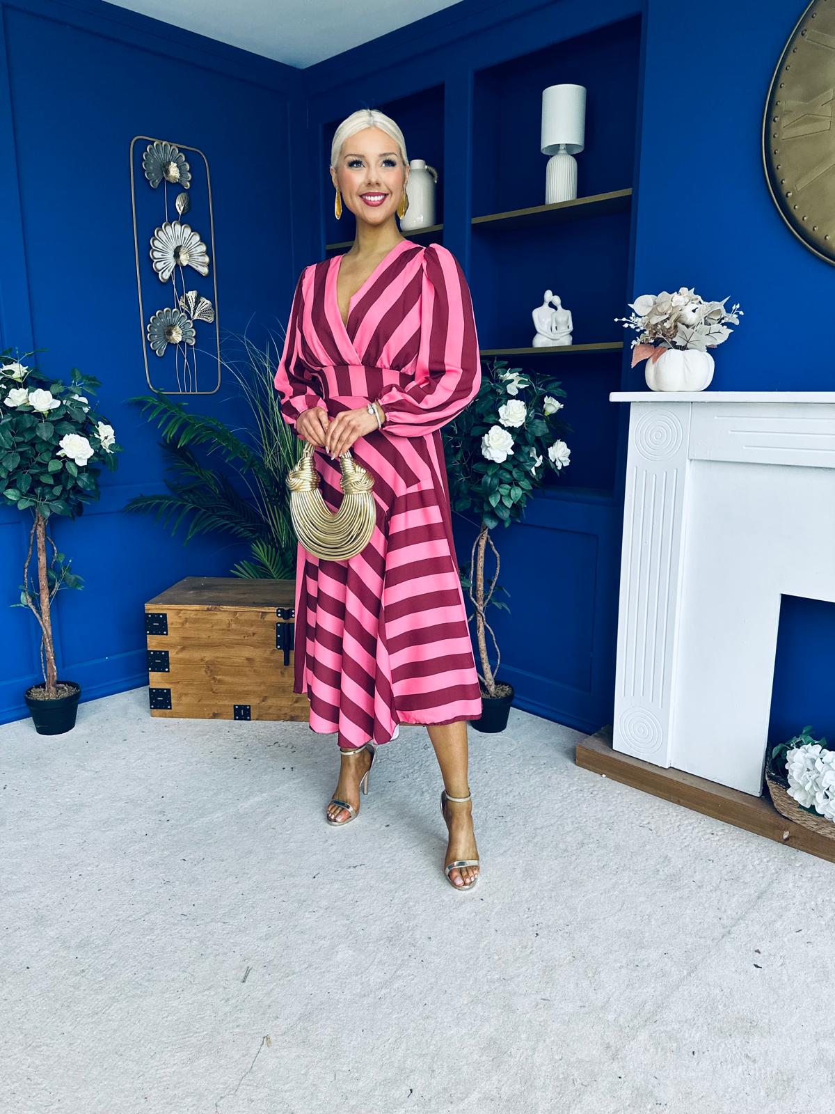 Ciara Striped Detail Midi Dress Ruby Cerise