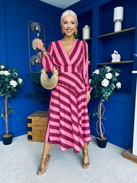 Ciara Striped Detail Midi Dress Ruby Cerise