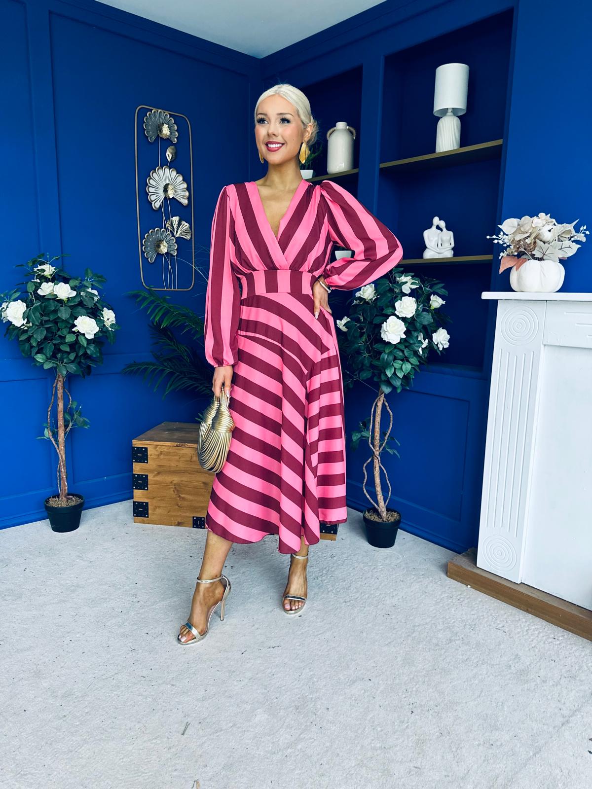 Ciara Striped Detail Midi Dress Ruby Cerise