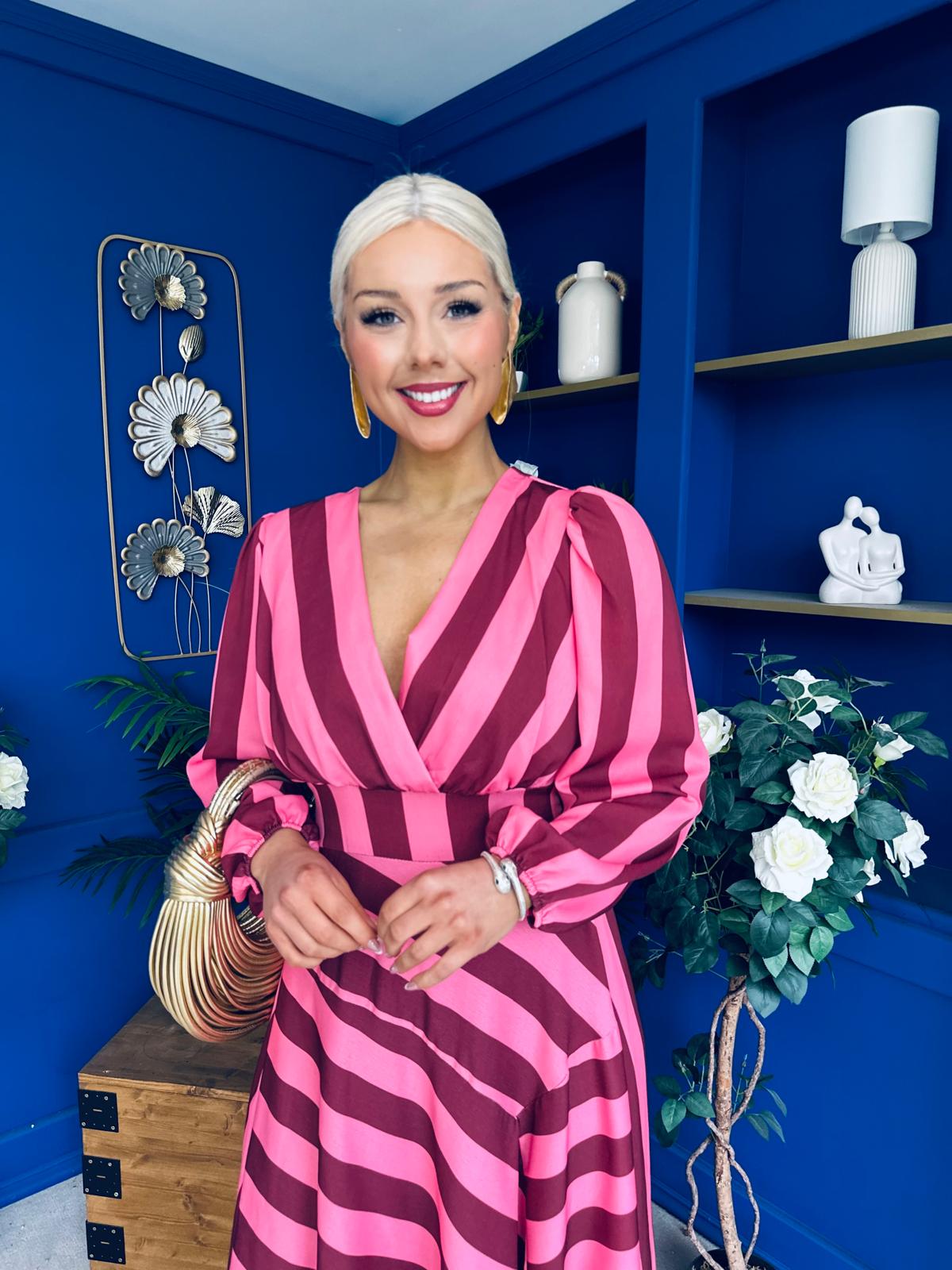 Ciara Striped Detail Midi Dress Ruby Cerise