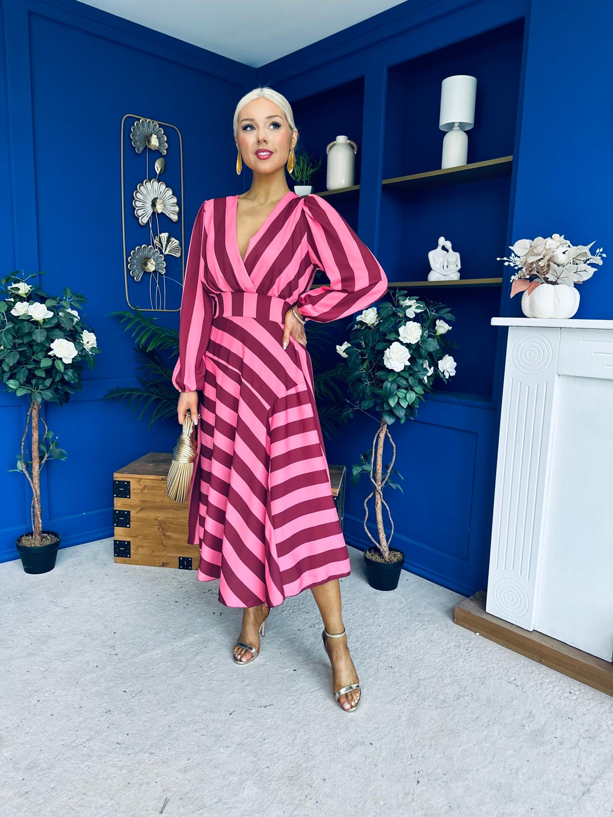 Ciara Striped Detail Midi Dress Ruby Cerise