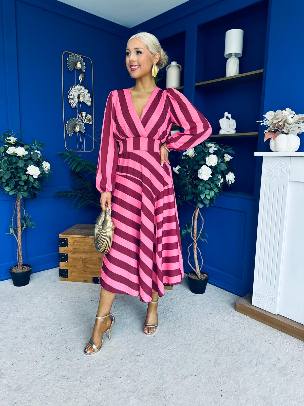Ciara Striped Detail Midi Dress Ruby Cerise