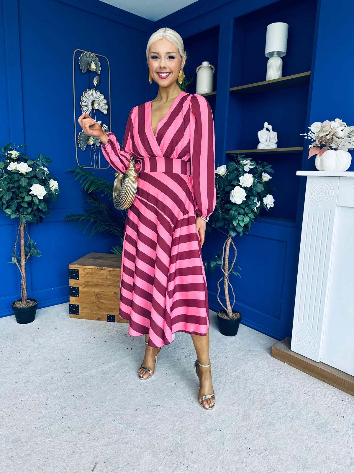 Ciara Striped Detail Midi Dress Ruby Cerise