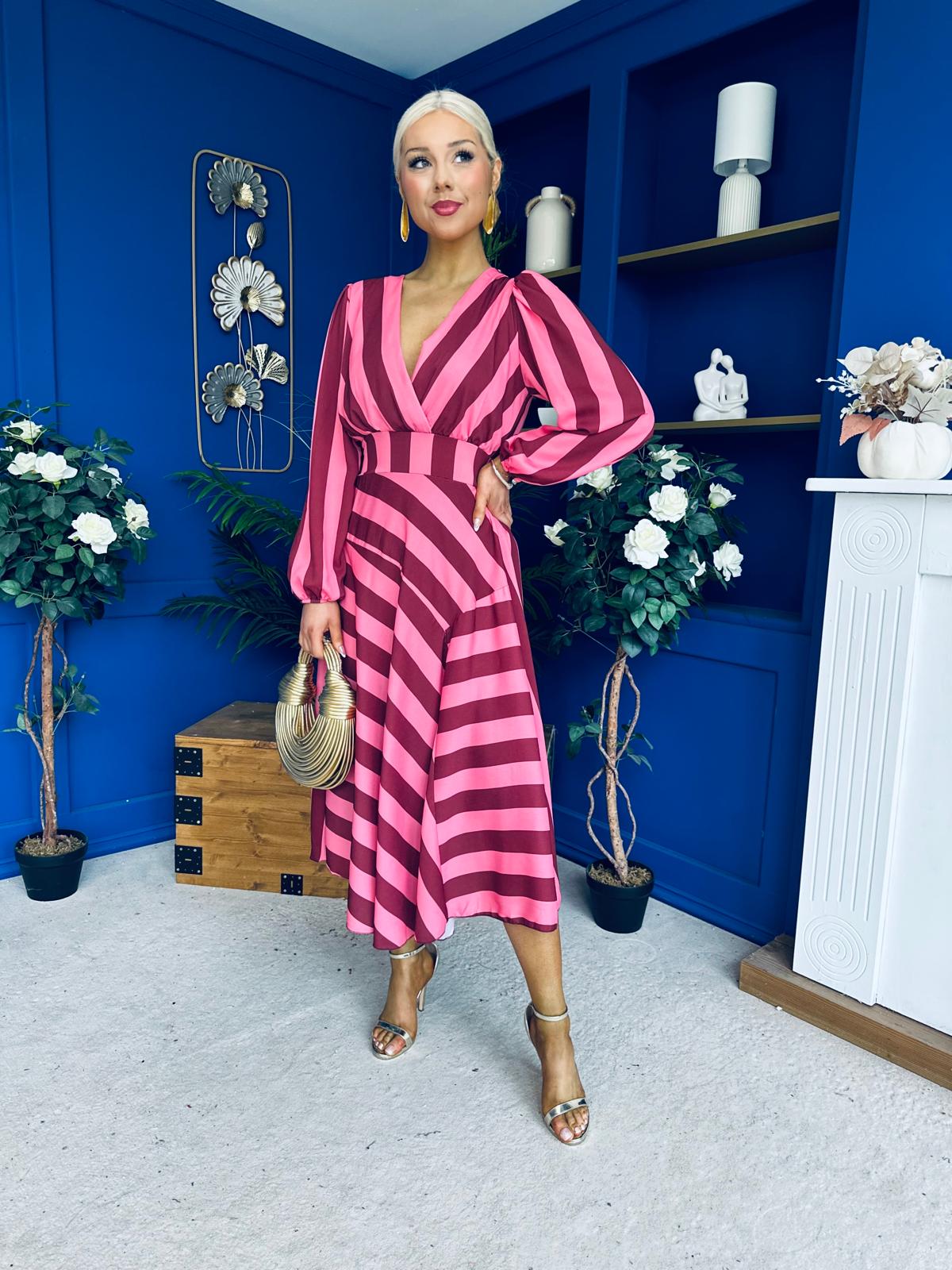 Ciara Striped Detail Midi Dress Ruby Cerise