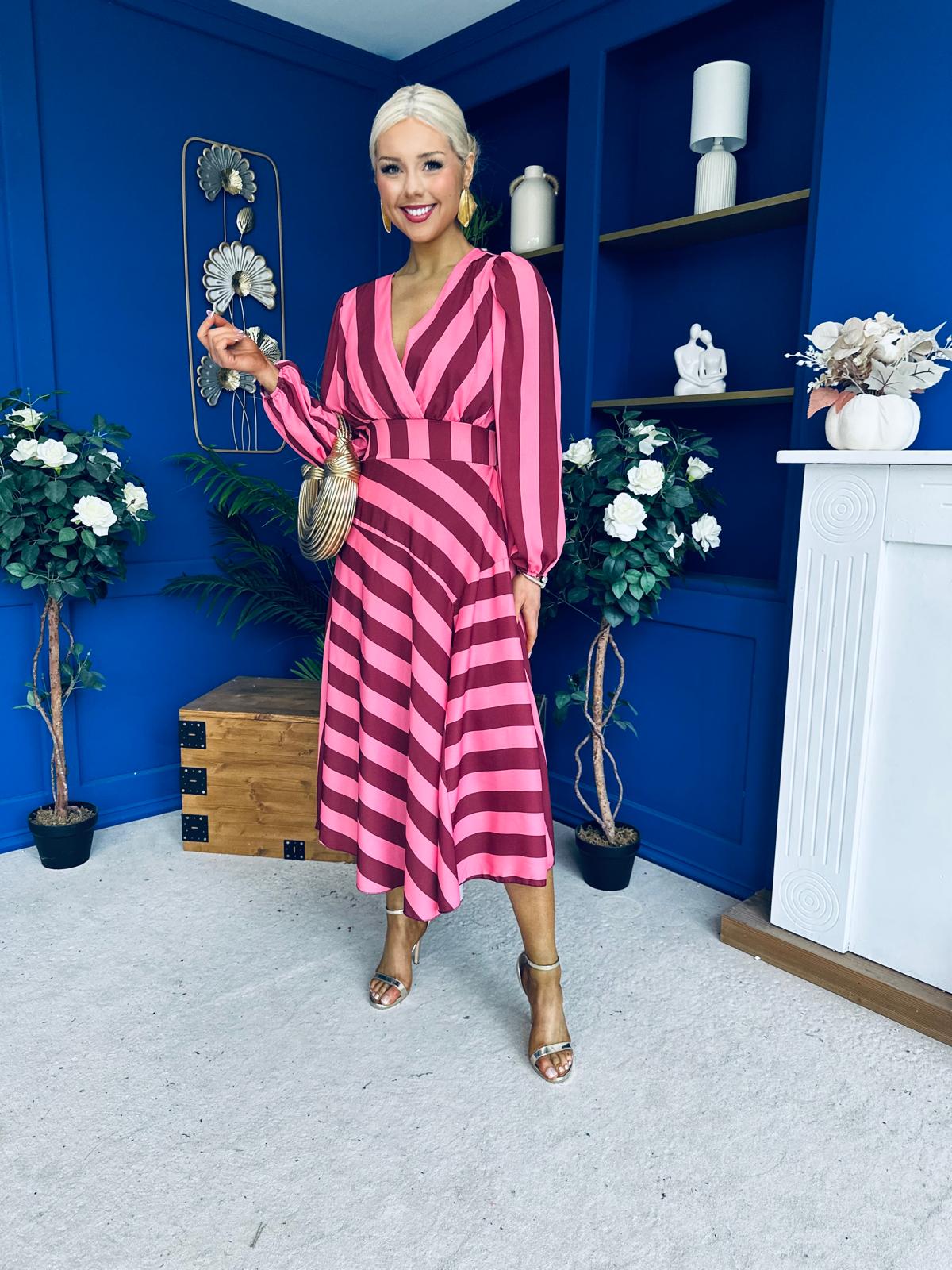 Ciara Striped Detail Midi Dress Ruby Cerise