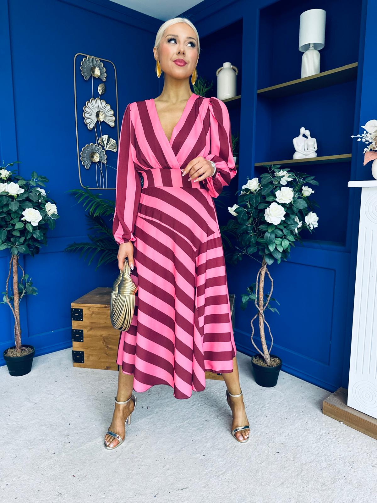 Ciara Striped Detail Midi Dress Ruby Cerise