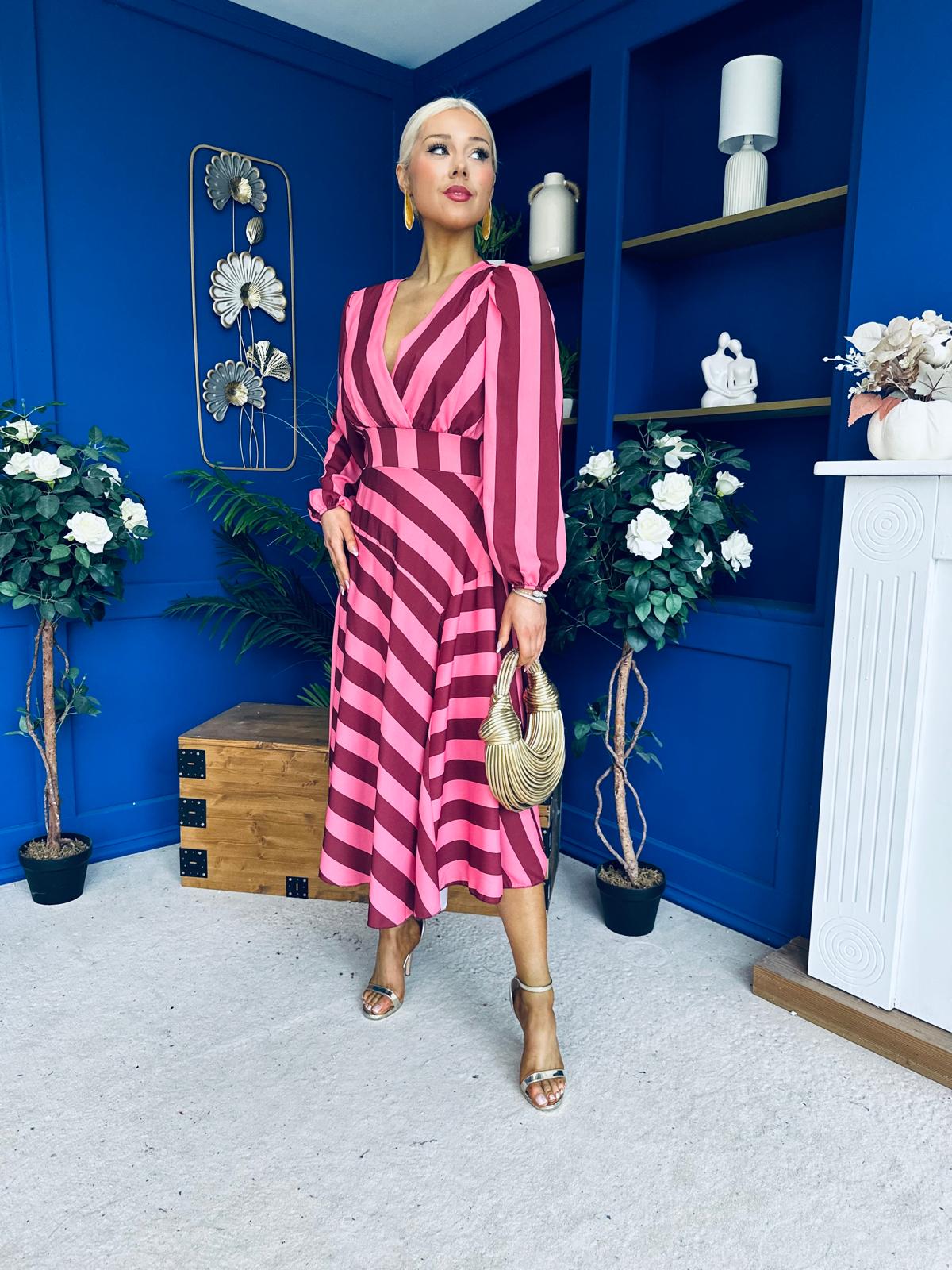 Ciara Striped Detail Midi Dress Ruby Cerise