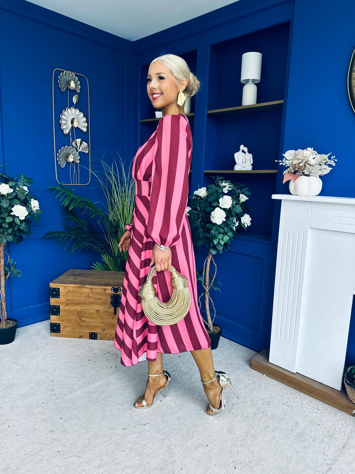 Ciara Striped Detail Midi Dress Ruby Cerise