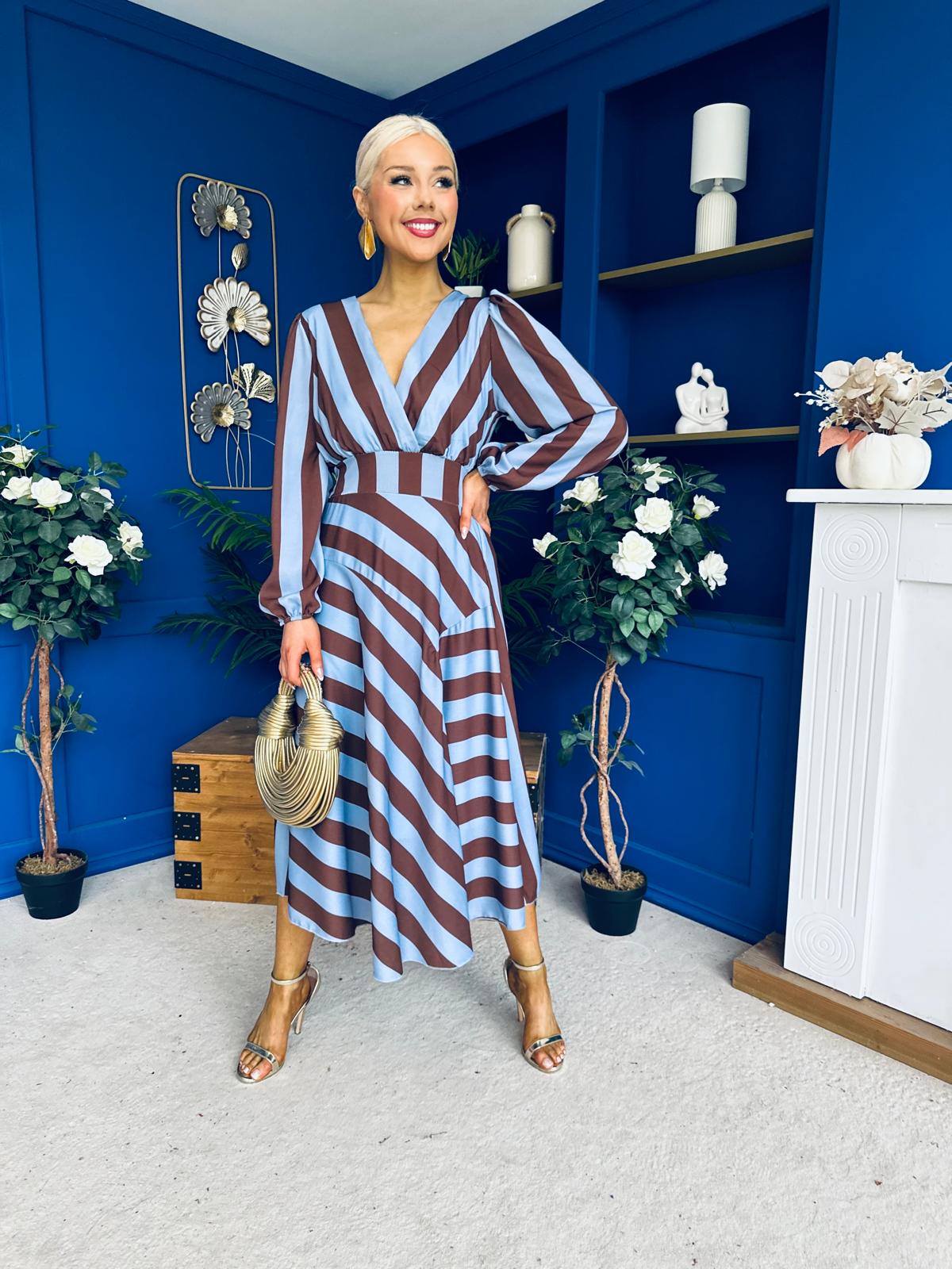 Ciara Striped Detail Midi Dress Coco Blue
