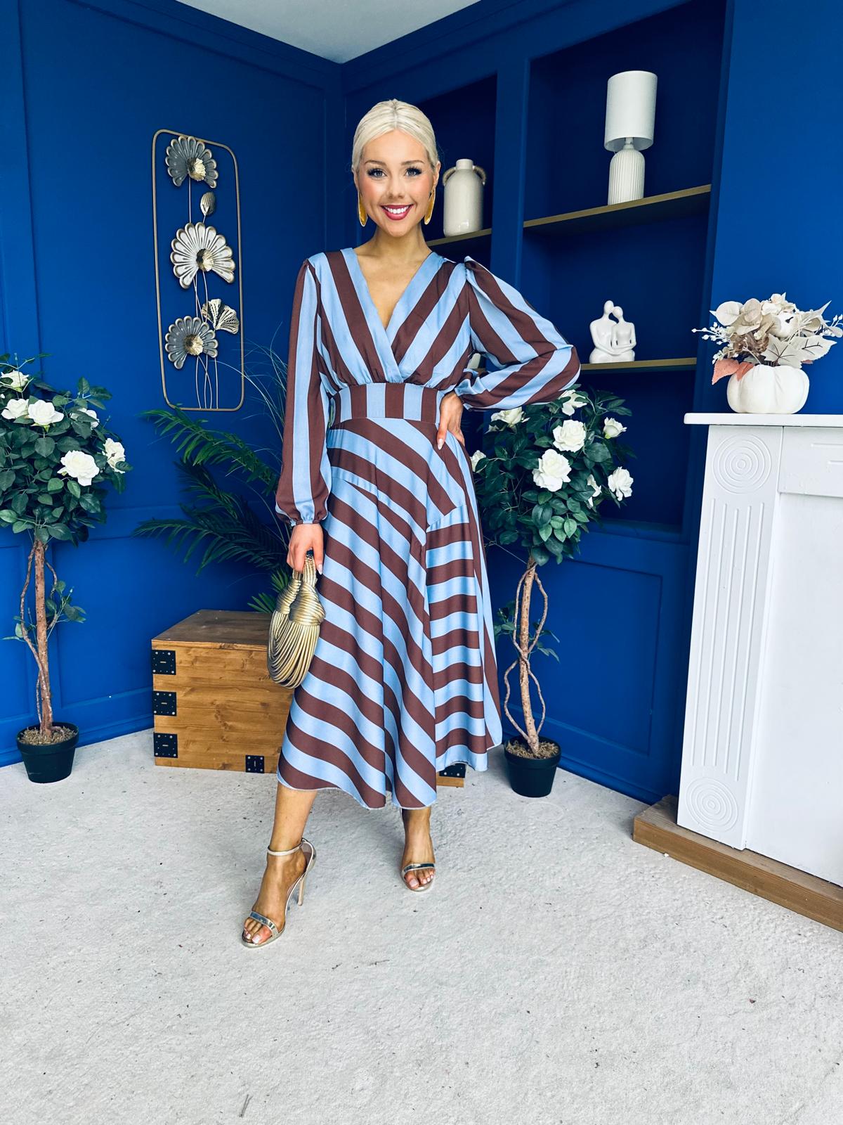 Ciara Striped Detail Midi Dress Coco Blue