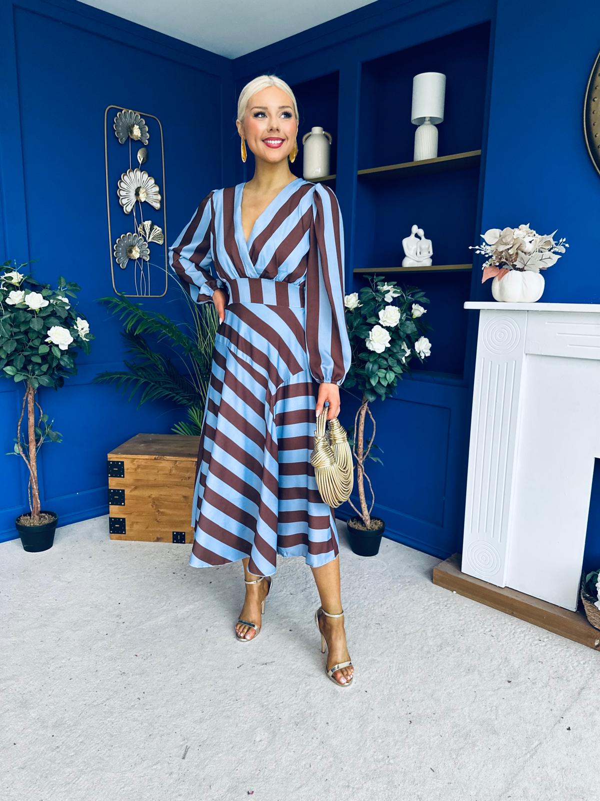 Ciara Striped Detail Midi Dress Coco Blue