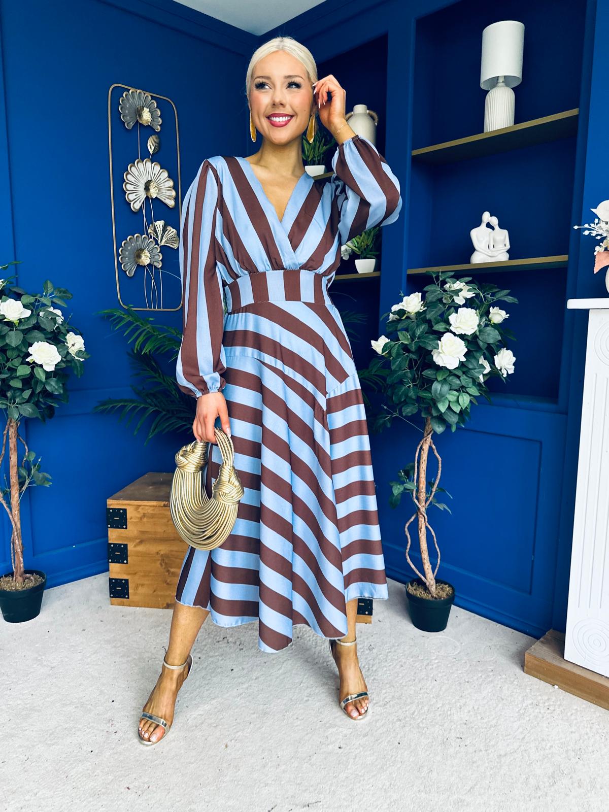 Ciara Striped Detail Midi Dress Coco Blue
