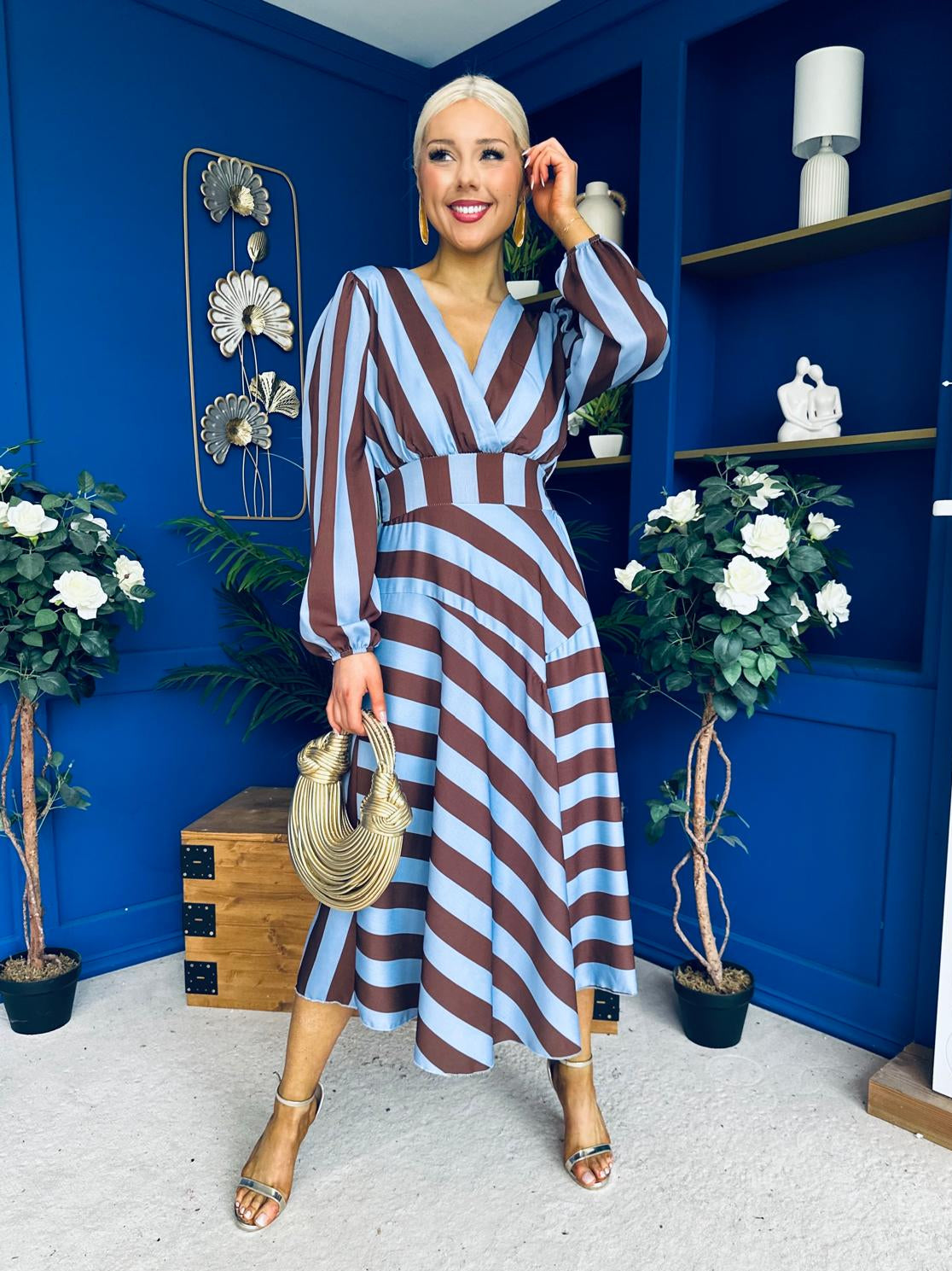 Ciara Striped Detail Midi Dress Coco Blue
