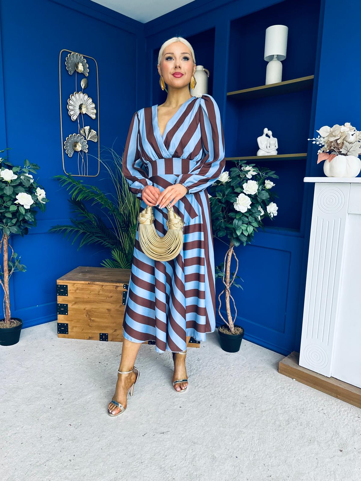 Ciara Striped Detail Midi Dress Coco Blue