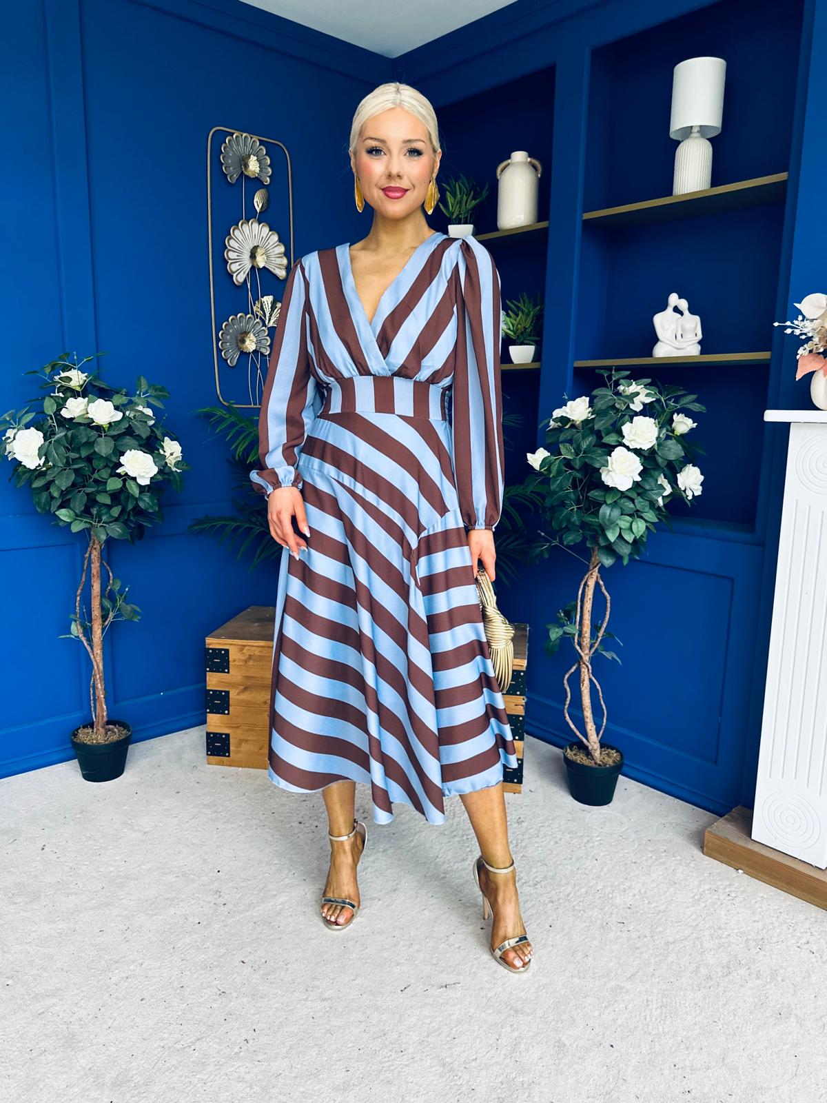 Ciara Striped Detail Midi Dress Coco Blue