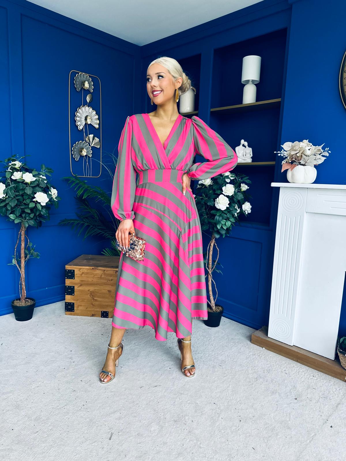 Ciara Striped Detail Midi Dress Khaki Fuchsia