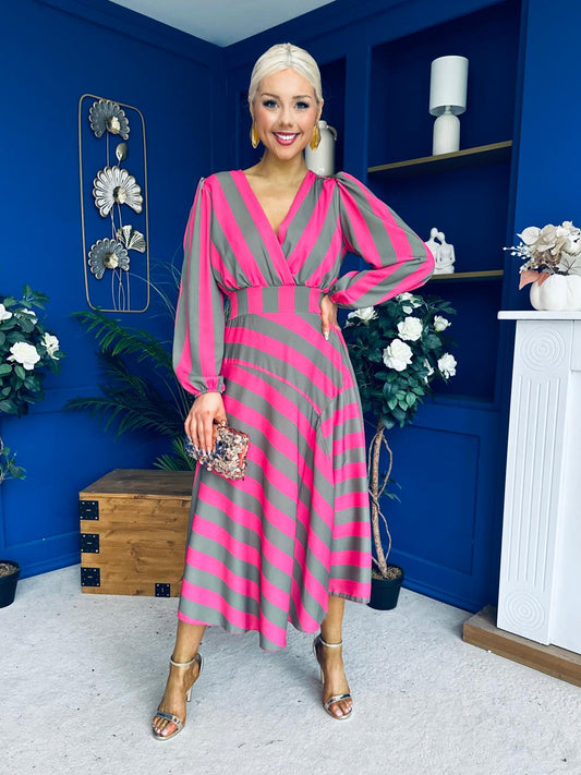 Ciara Striped Detail Midi Dress Khaki Fuchsia