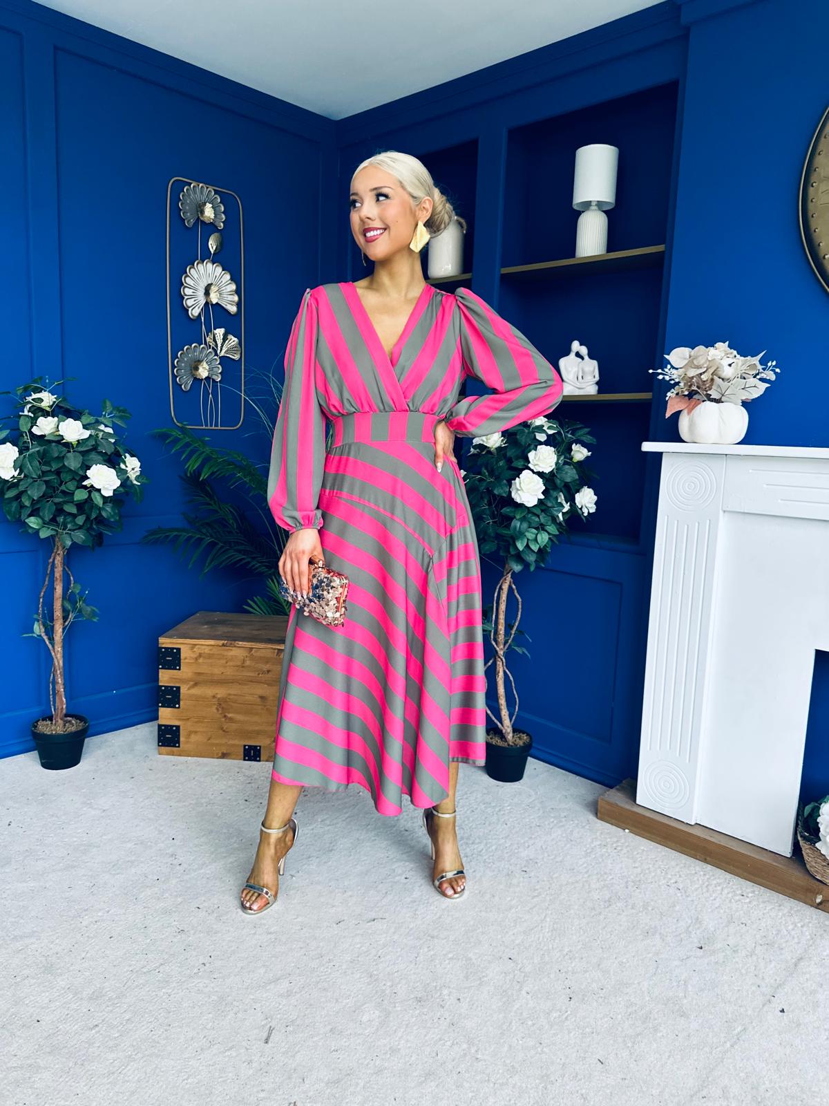 Ciara Striped Detail Midi Dress Khaki Fuchsia