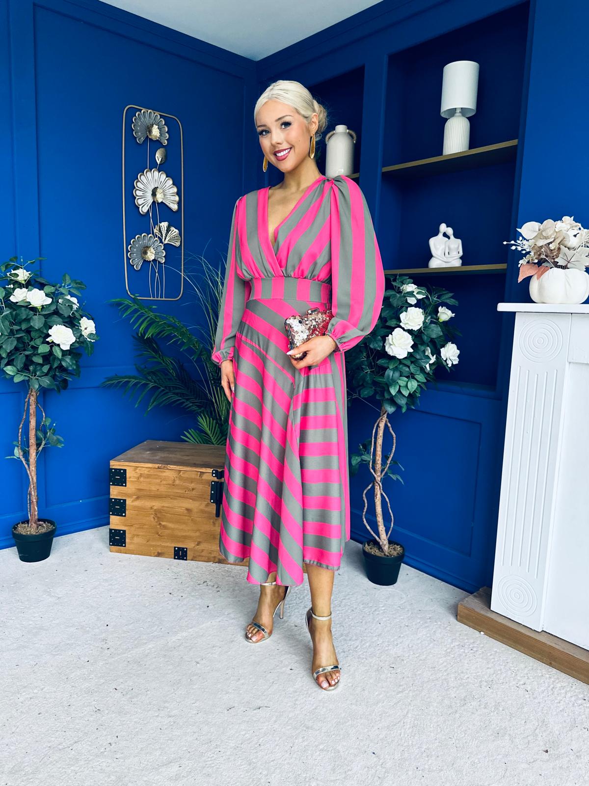 Ciara Striped Detail Midi Dress Khaki Fuchsia
