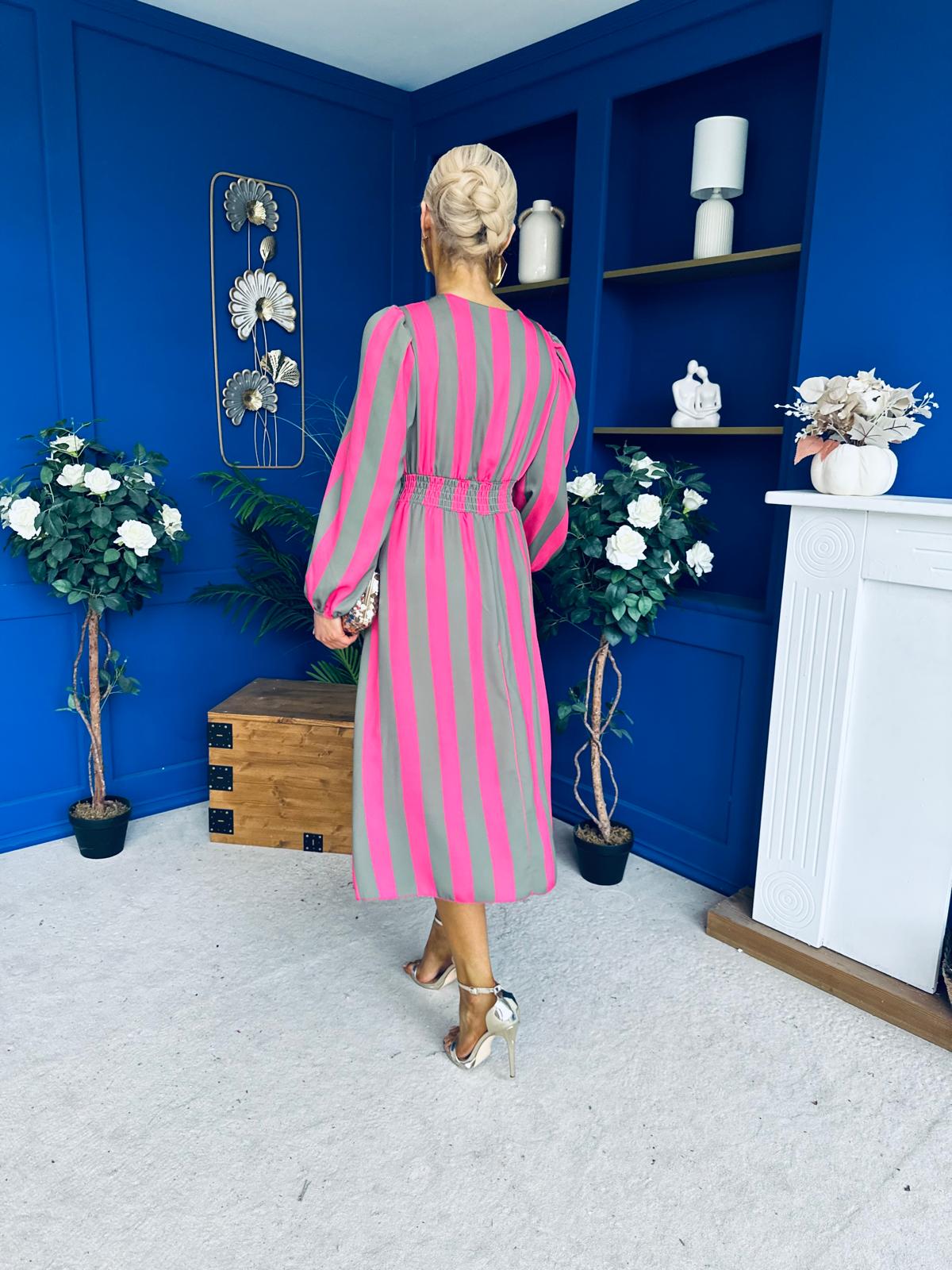 Ciara Striped Detail Midi Dress Khaki Fuchsia