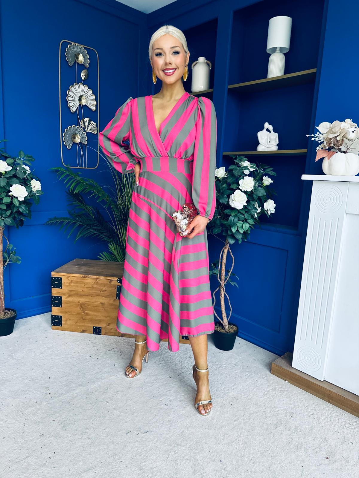 Ciara Striped Detail Midi Dress Khaki Fuchsia