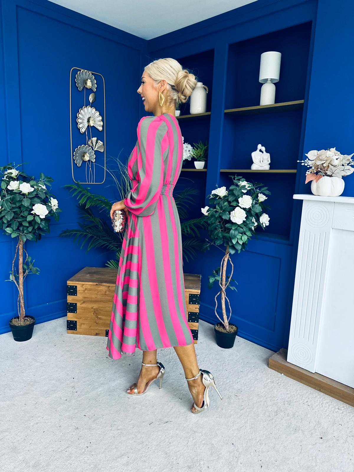 Ciara Striped Detail Midi Dress Khaki Fuchsia