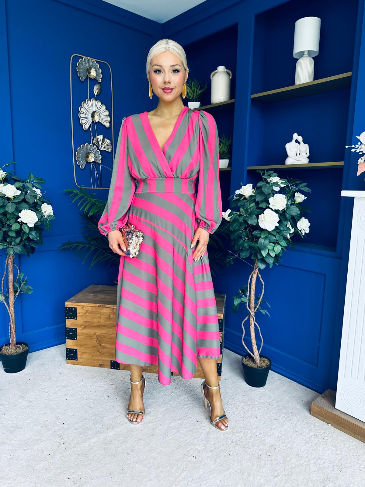 Ciara Striped Detail Midi Dress Khaki Fuchsia