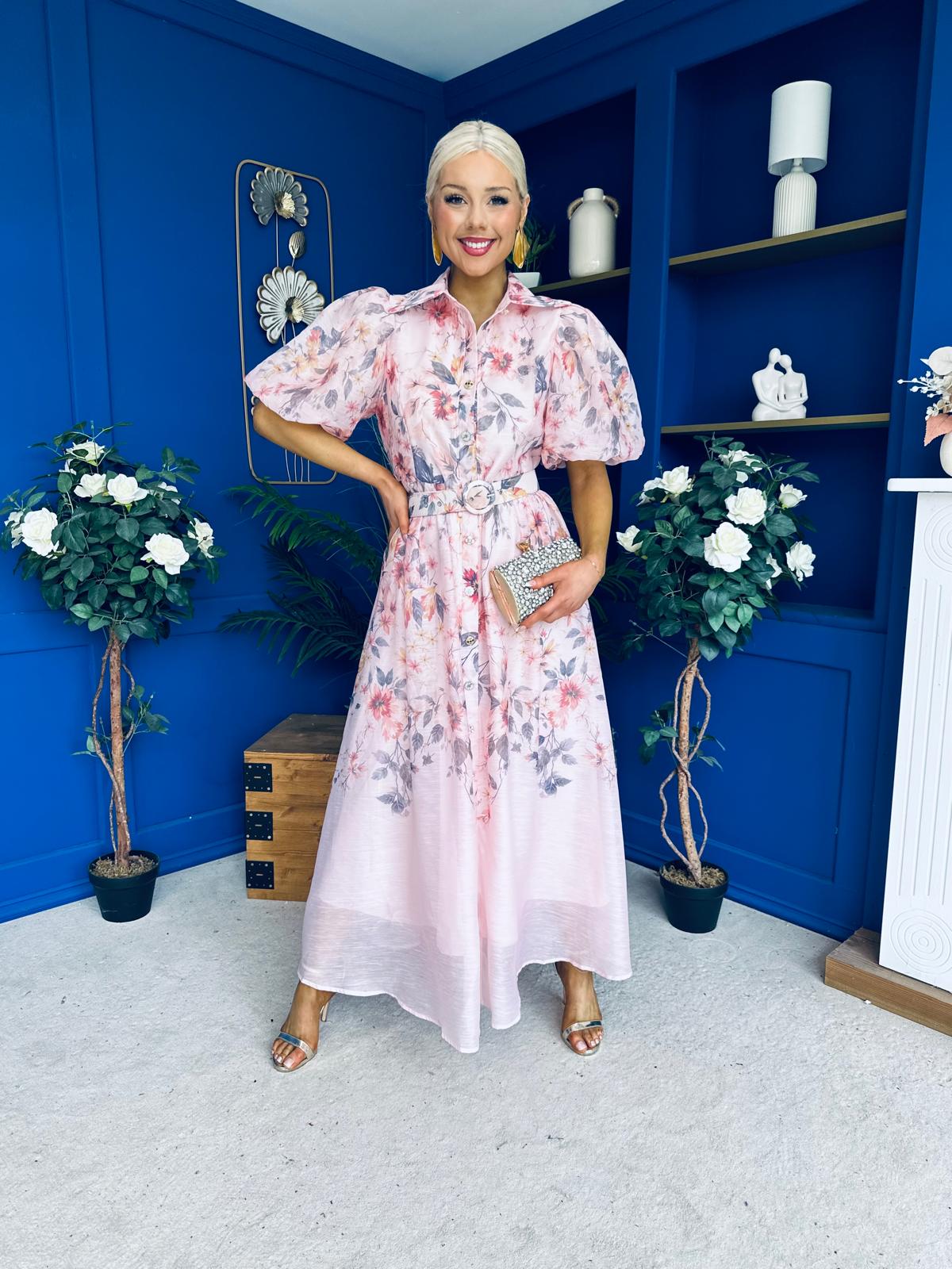 Siera Puff Sleeve Occasion Shirt Dress Floral Pink