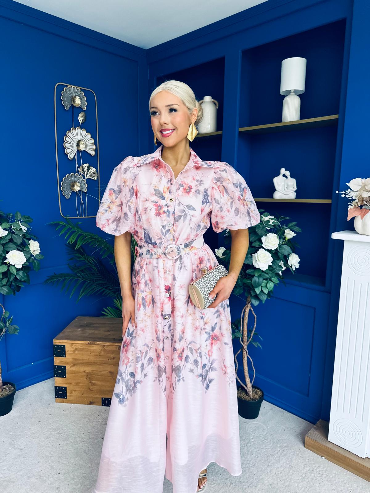 Siera Puff Sleeve Occasion Shirt Dress Floral Pink